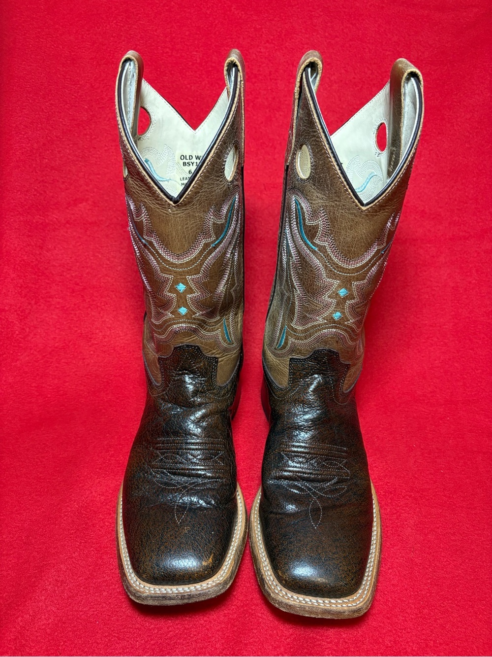 Old West Youth 6D Brown Leather Square Toe Cowboy Boots Blue Stitching - Picture 6 of 13